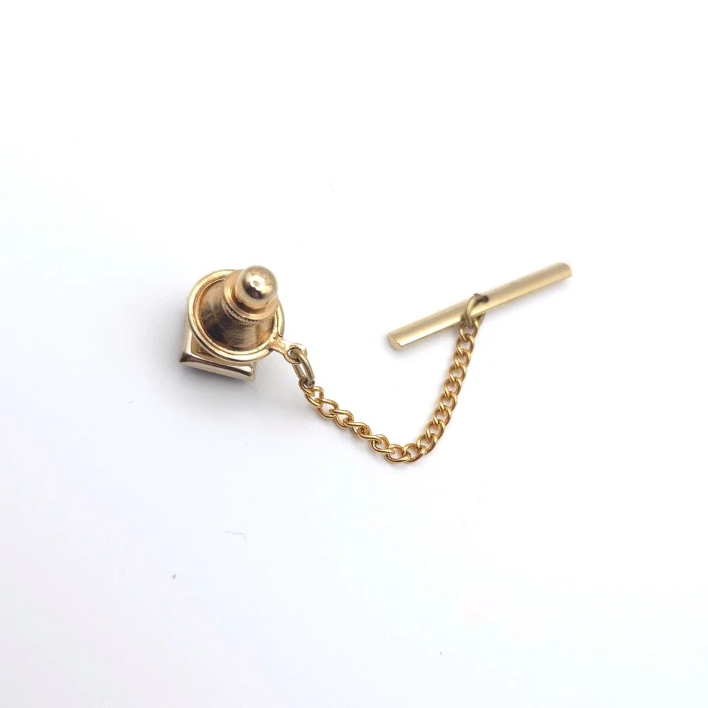 Vintage Gold Tone Square Black Stone Tie Tack with Chain and T-Bar‎ Accessory